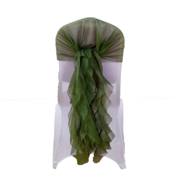 1 Set Olive Green Chiffon Hoods With Ruffles Willow 250 Chair Sashes - Picture 2 of 3
